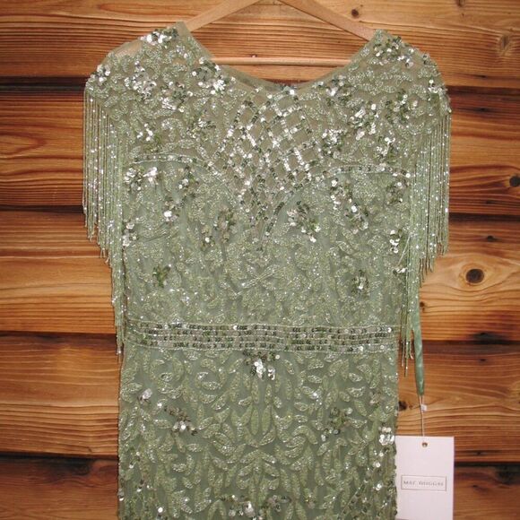 MAC DUGGAL 4908 Green High Neck Sleeveless Beaded Fringe Fitted Gown 8 - Picture 7 of 12